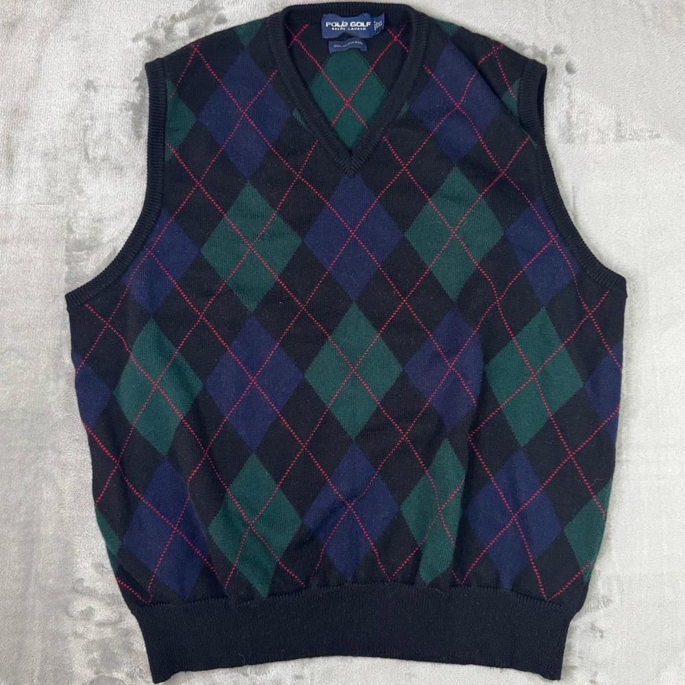 Polo Golf Ralph Lauren Sweater Vest Size X-Large Merino Wool VTG Green Argyle